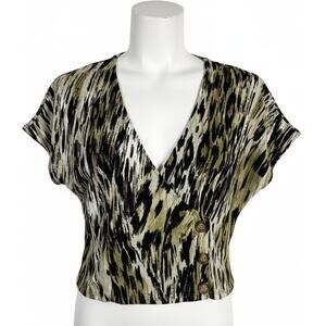 Inspired Hearts Blouse XL Green Black Leopard Print Cropped V-Neck Boho Chic